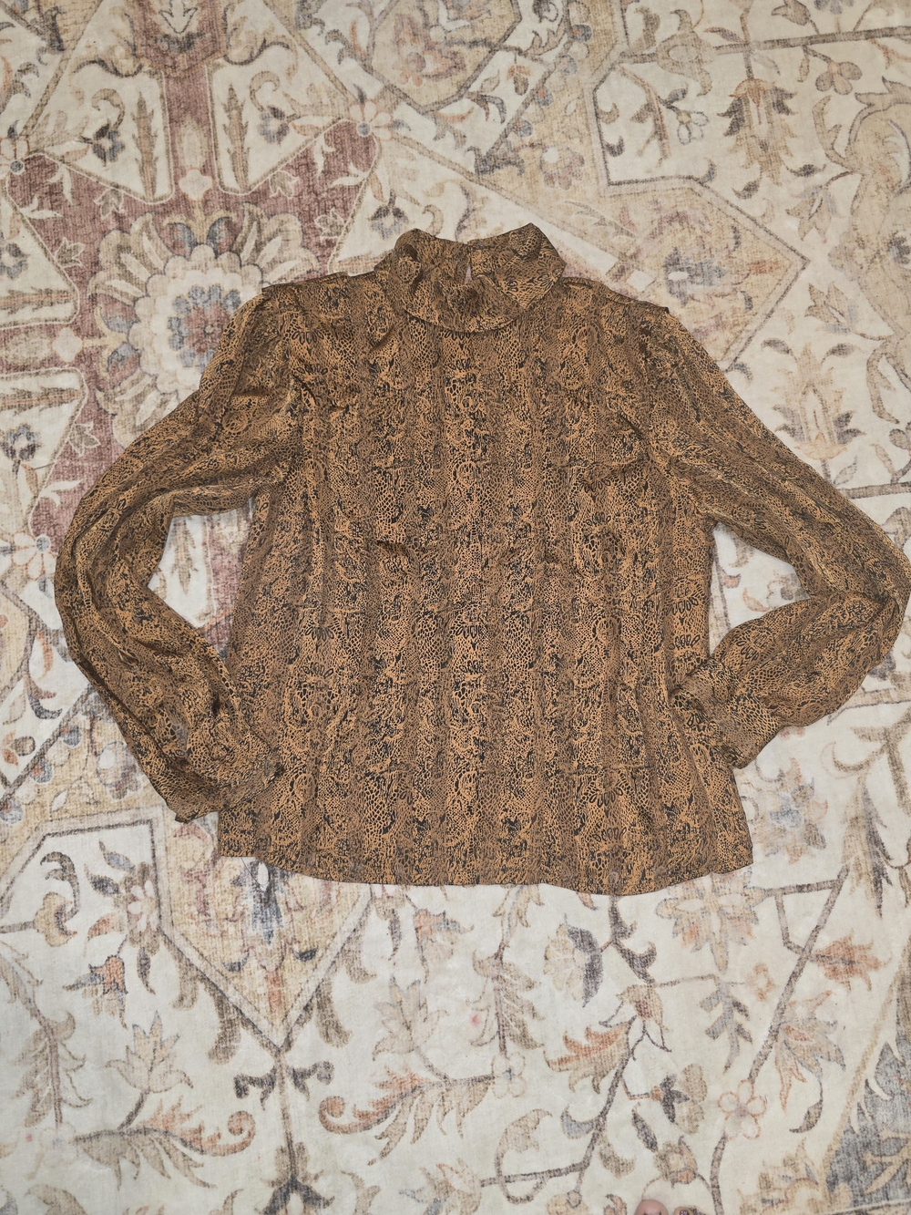 Vintage NICOLA Brown Lace Print Mock-Neck Long-Sleeve Blouse